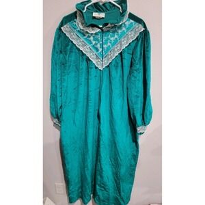 Ashley Ames Jade Green Velour Robe, White Lace Trim XXL USA Made Vintage